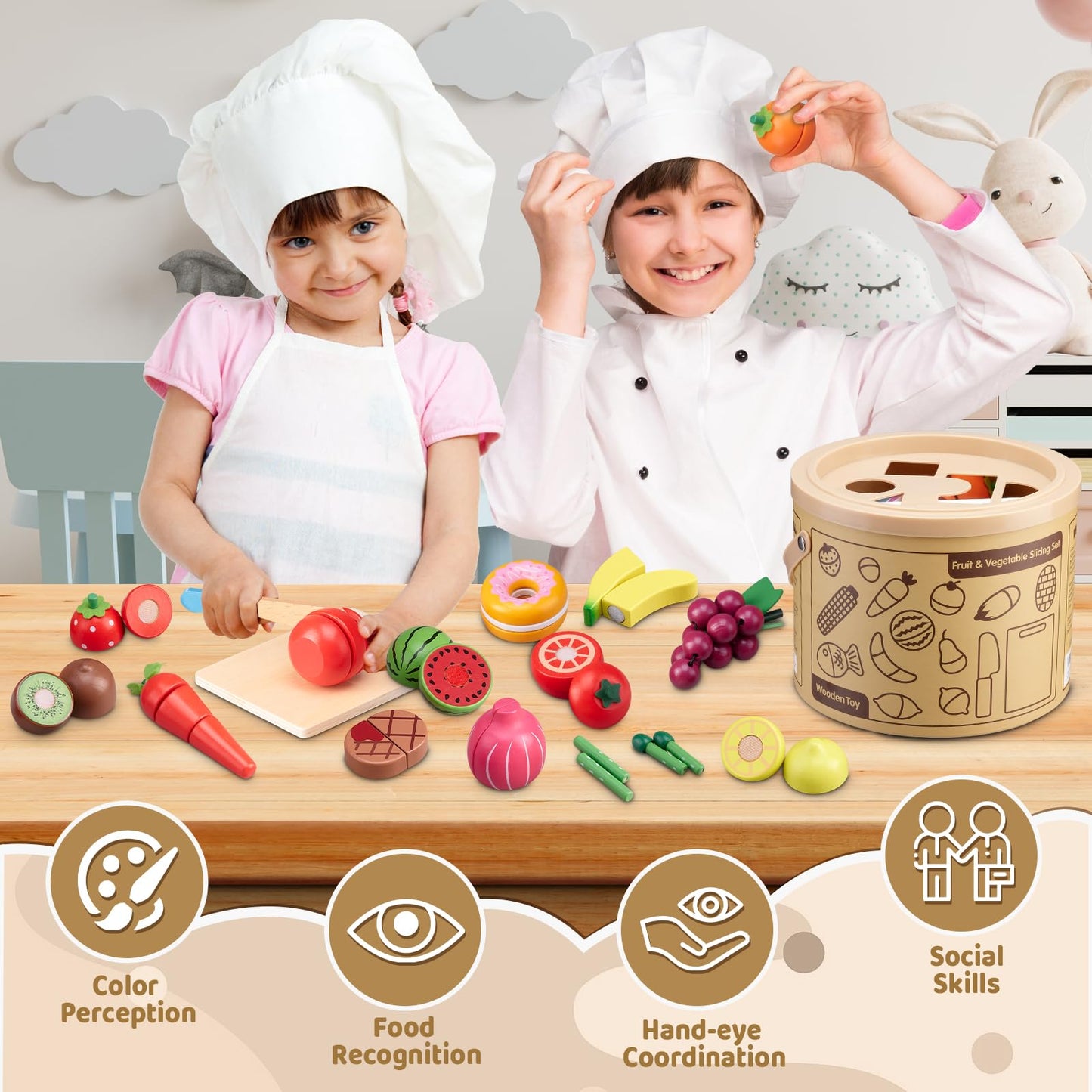 Arthopt 45-Piece Wooden Play Food Set – Pretend Kitchen with Storage Bucket (Ages 3–6)