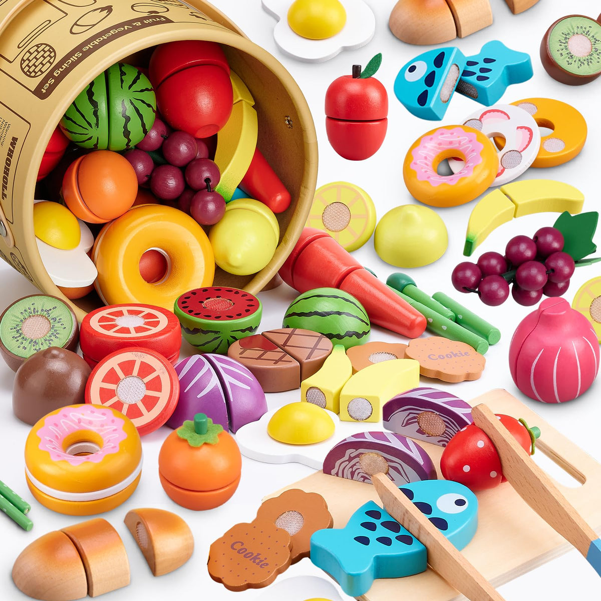 Arthopt 45-Piece Wooden Play Food Set – Pretend Kitchen with Storage Bucket (Ages 3–6)