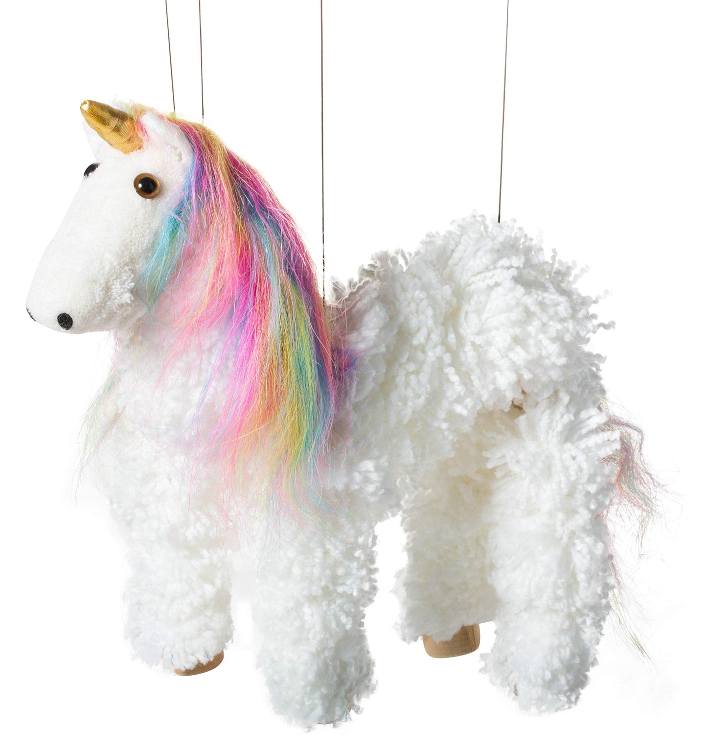 Artisan Owl Rainbow Mane Unicorn Marionette Puppet - Wooden Feet & Detachable Strings