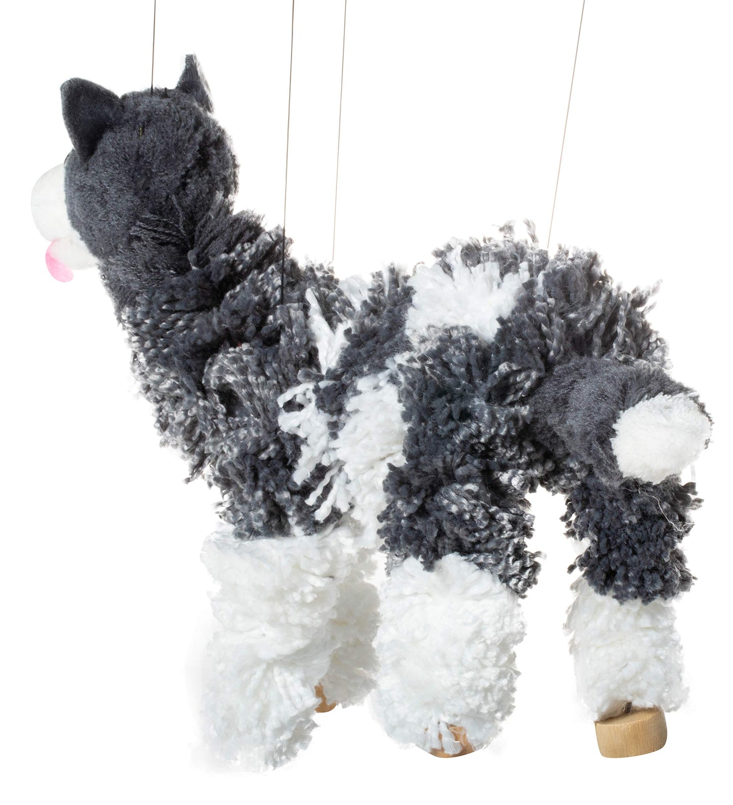 Artisan Owl Siberian Husky Marionette Puppet – Yarn Dog with Wooden Feet & Detachable Strings