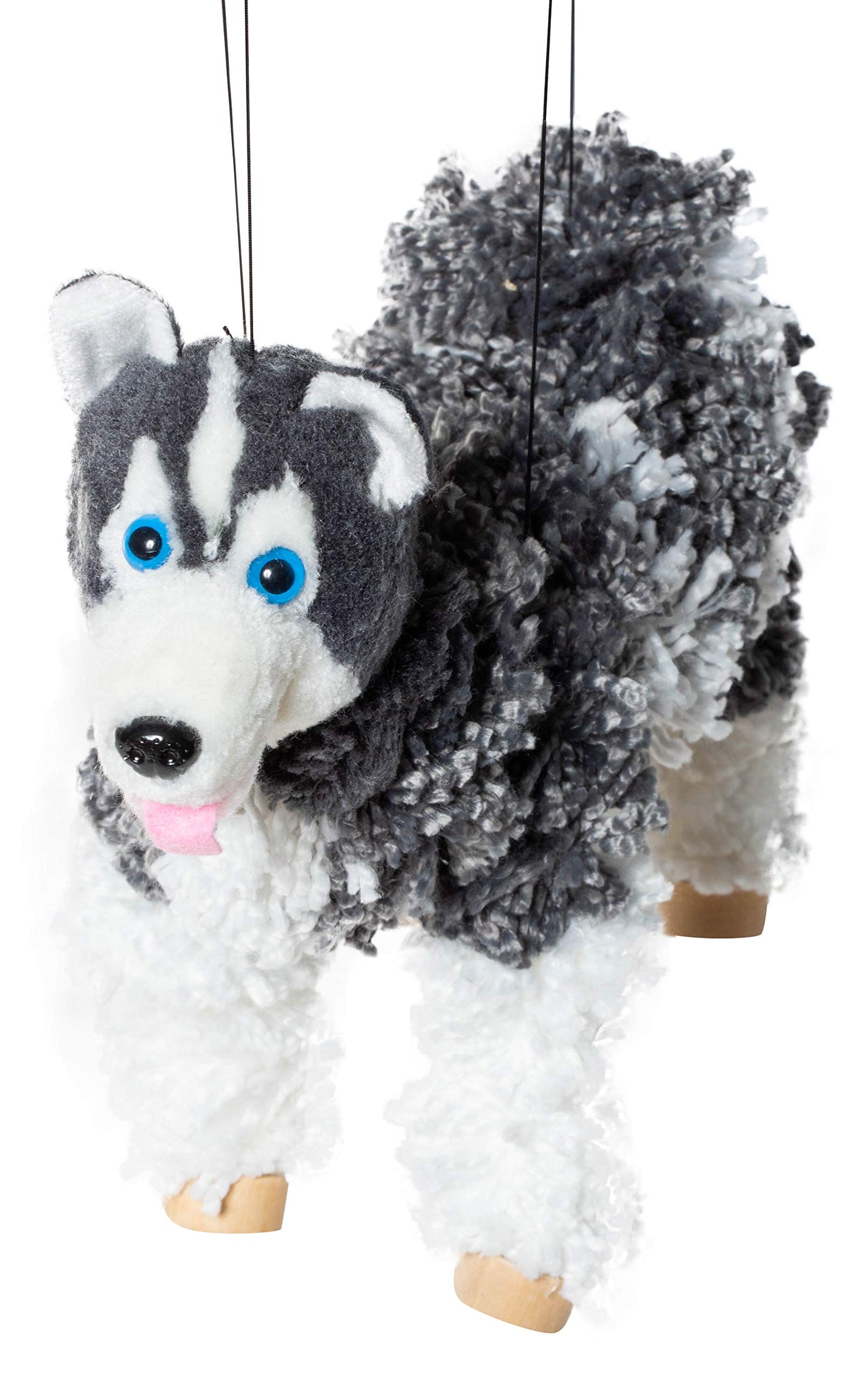 Artisan Owl Siberian Husky Marionette Puppet – Yarn Dog with Wooden Feet & Detachable Strings