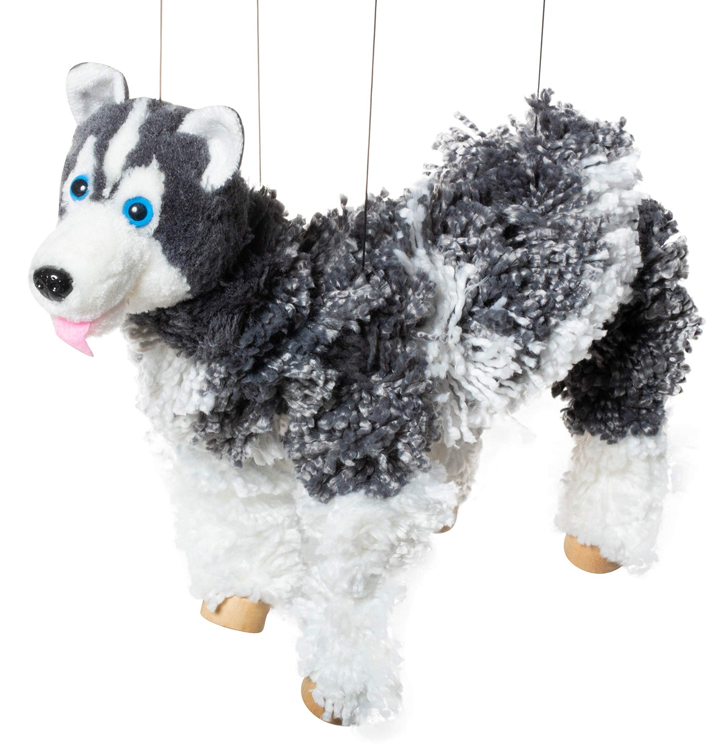Artisan Owl Siberian Husky Marionette Puppet – Yarn Dog with Wooden Feet & Detachable Strings