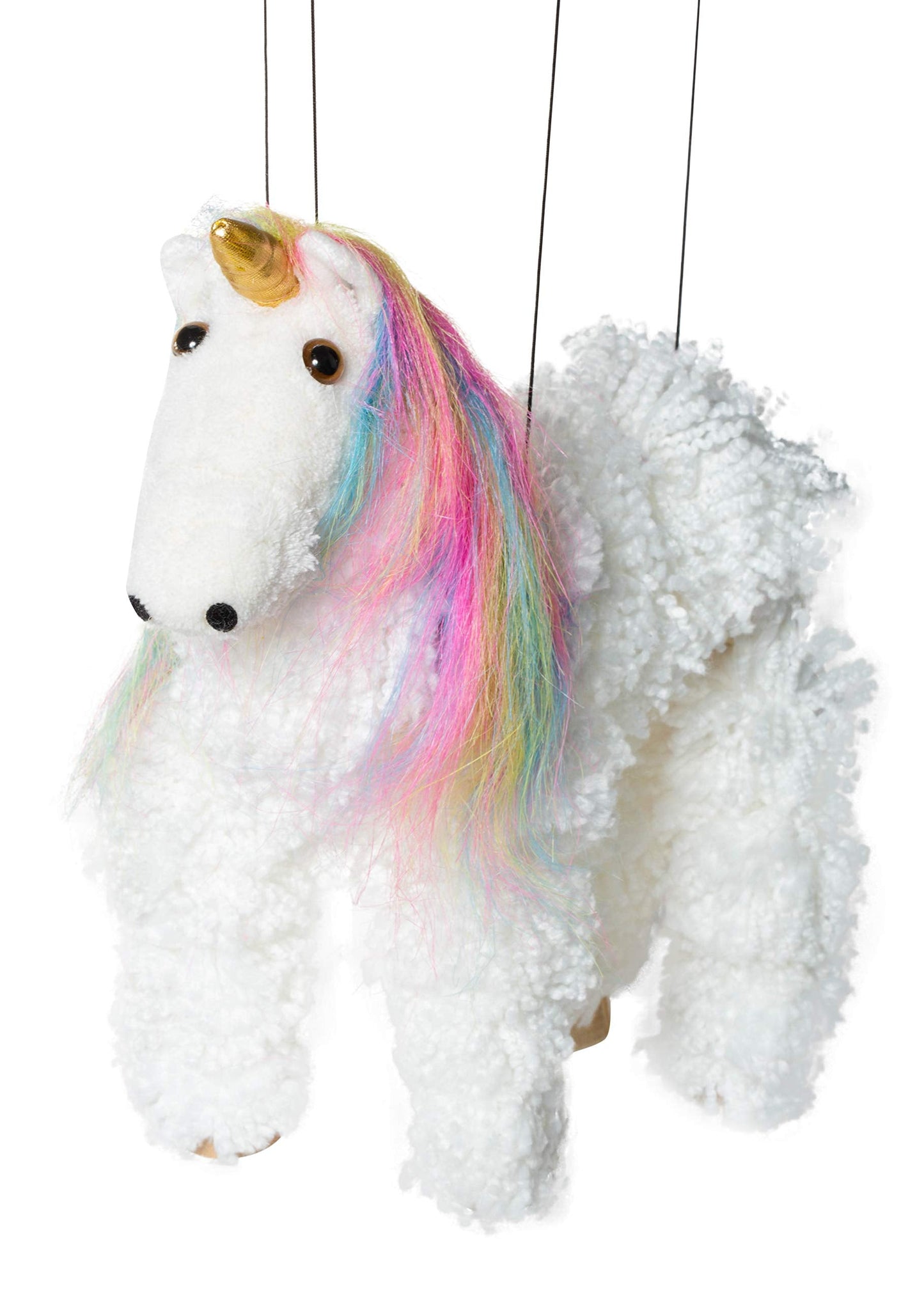 Artisan Owl Rainbow Mane Unicorn Marionette Puppet - Wooden Feet & Detachable Strings