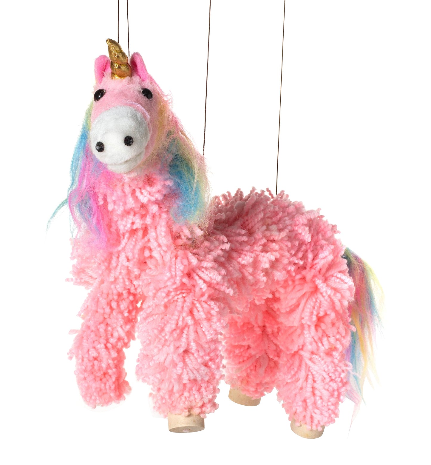 Artisan Owl Yarn Pink Unicorn Marionette Puppet – Wooden Feet & Detachable Strings