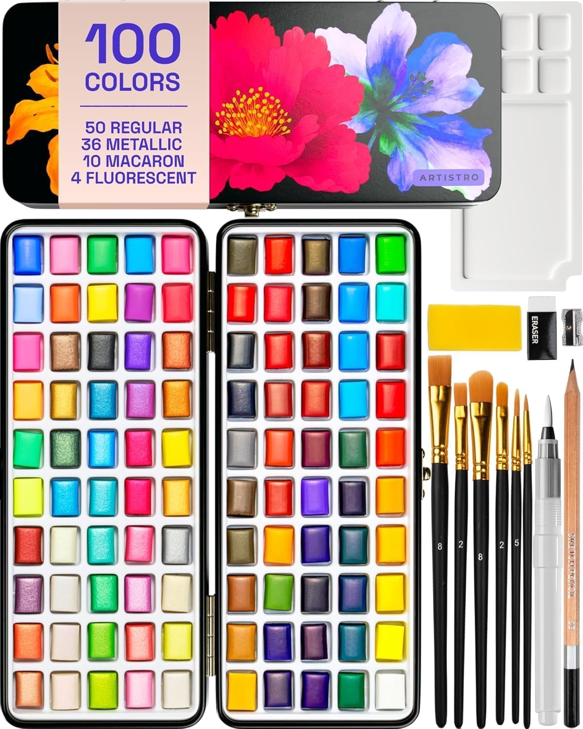 ARTISTRO 100 Colors Watercolor Paint Set - Portable Travel Kit with Palette & Brush Pens