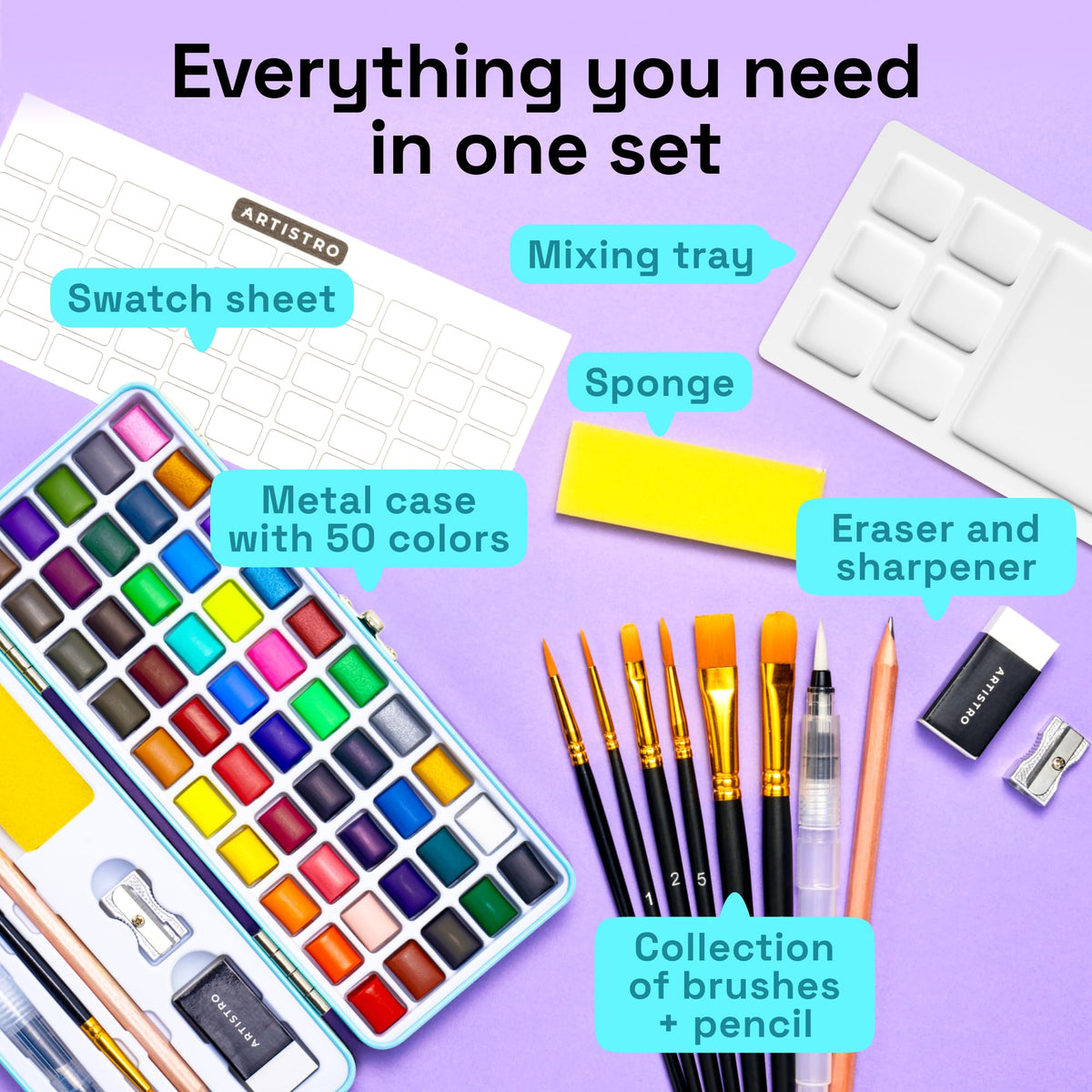 ARTISTRO 50 Watercolor Paint Set – Portable Travel Kit for All Ages