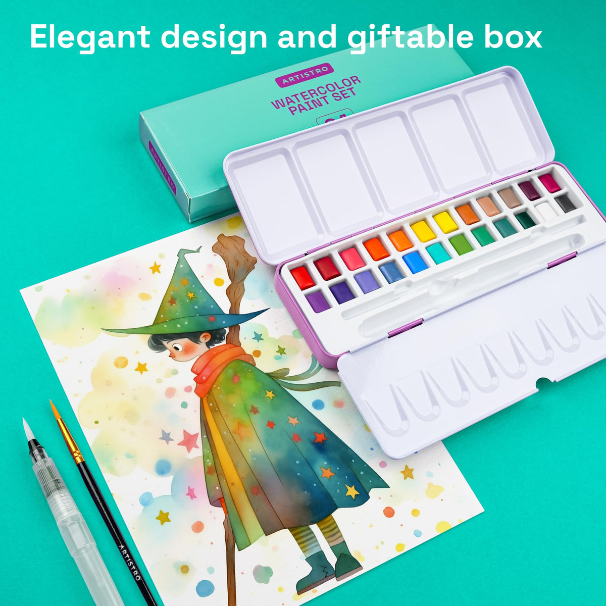 ARTISTRO Watercolor Paint Set – 24 Colors, Portable Travel Kit in Tin Box