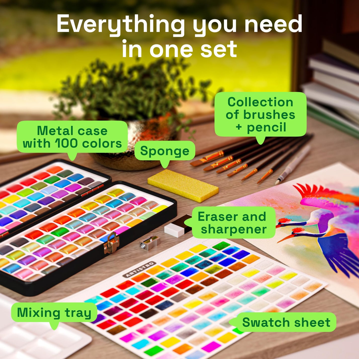 ARTISTRO 100 Colors Watercolor Paint Set - Portable Travel Kit with Palette & Brush Pens