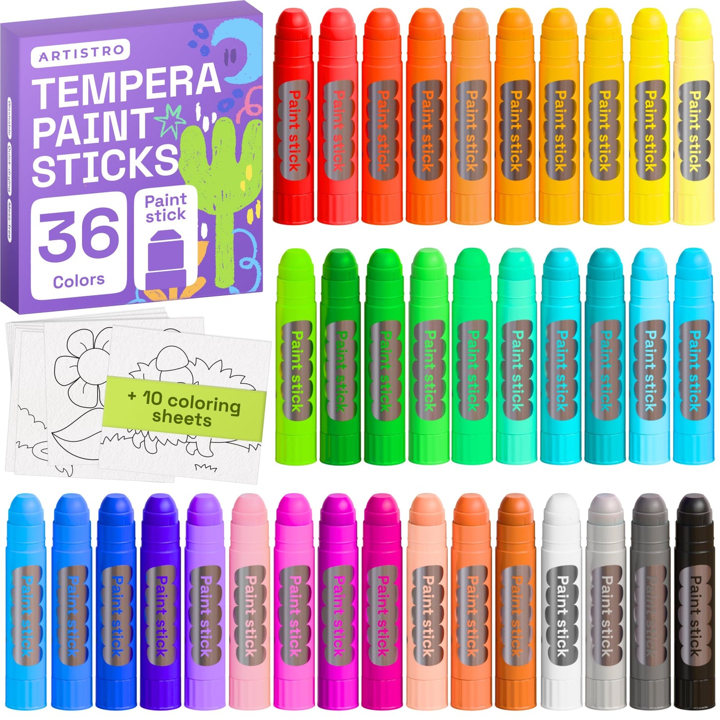 ARTISTRO 100% Washable Tempera Paint Sticks for Kids – 36 Non-Toxic Color Markers
