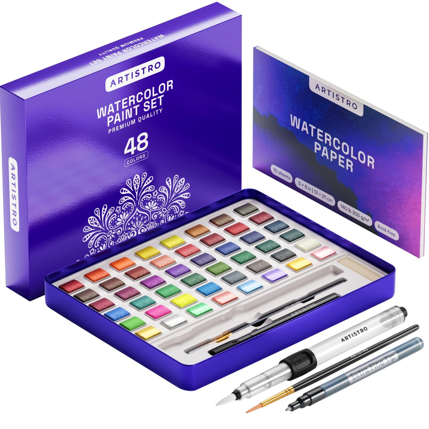 ARTISTRO Watercolor Paint Set – 48 Vivid Colors Travel Kit with Metallic & Fluorescent Shades
