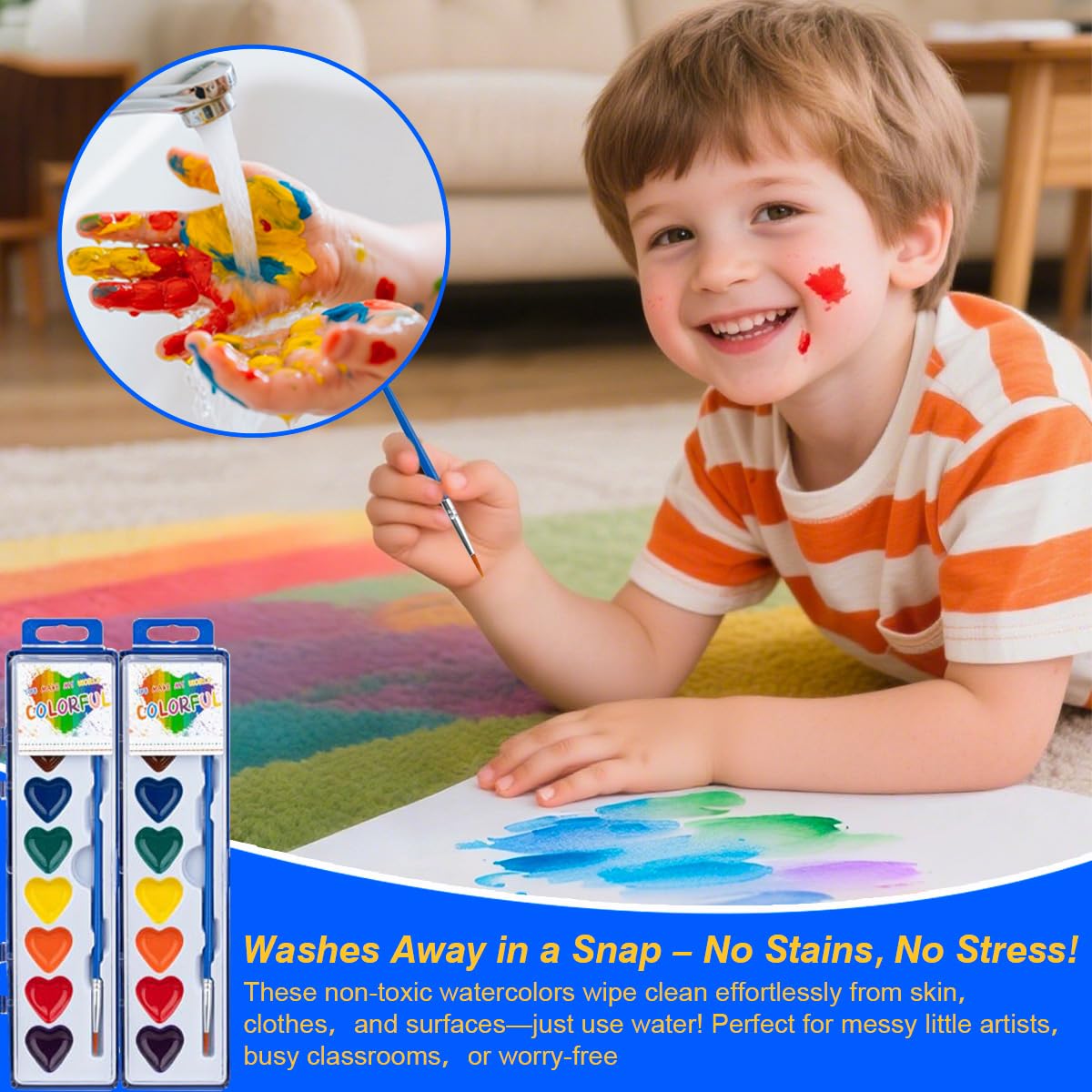 ARTLYMERS 24 Pack Kids Watercolor Paint Sets – 8 Colors, Heart Palette, Washable + Brush