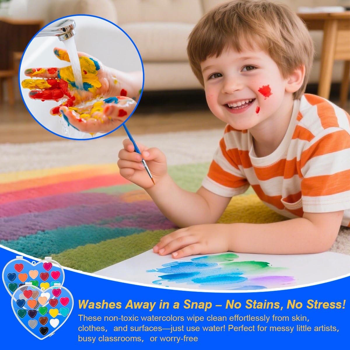ARTLYMERS Valentines Day Kids Watercolor Set — 24 Pack, 16 Colors, Heart Box