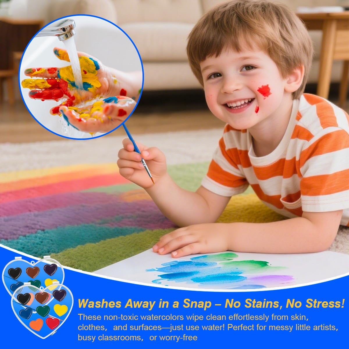 ARTLYMERS Valentines Day Kids Watercolor Set – 2-Pack Heart Paints with Brush
