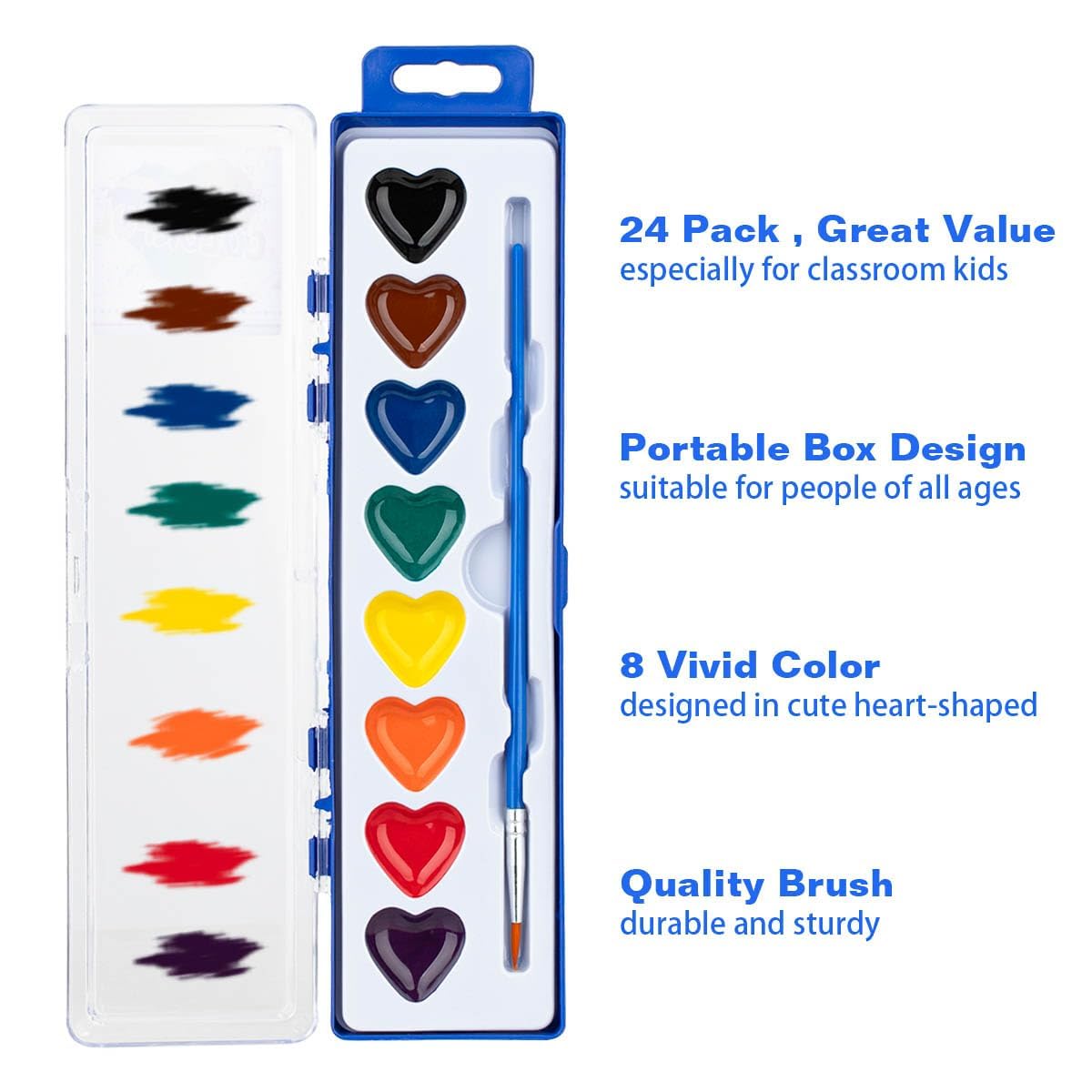 ARTLYMERS 24 Pack Kids Watercolor Paint Sets – 8 Colors, Heart Palette, Washable + Brush