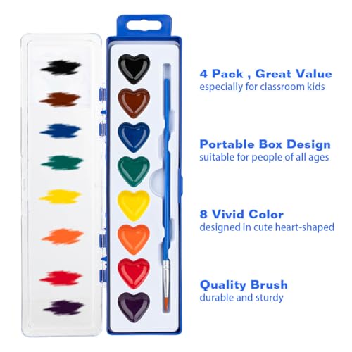 ARTLYMERS 4 Pack Heart Watercolor Sets for Kids – 8 Colors, Washable