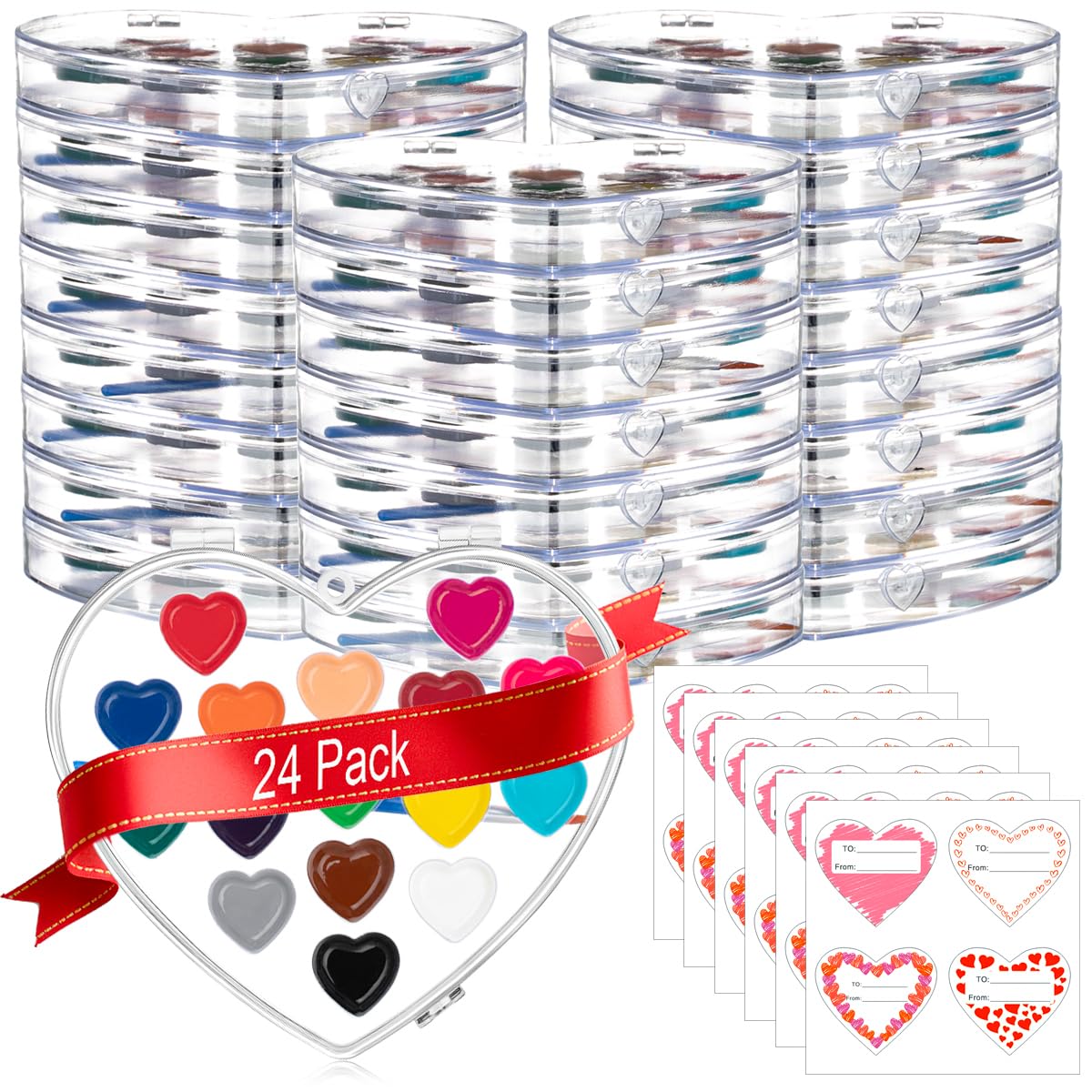 ARTLYMERS Valentines Day Kids Watercolor Set — 24 Pack, 16 Colors, Heart Box