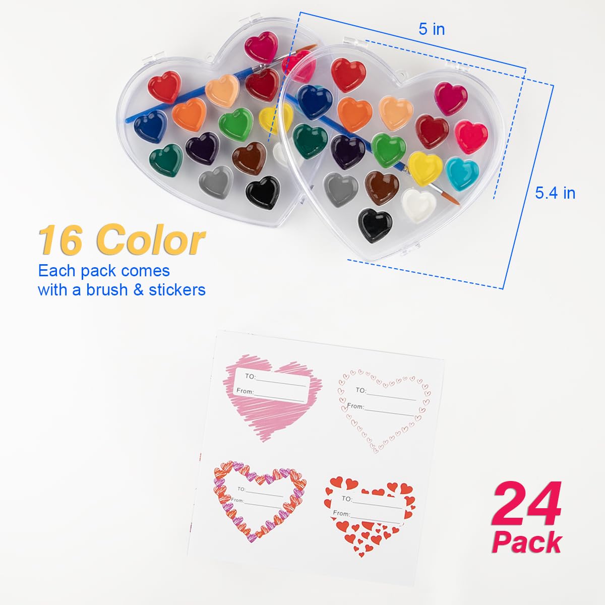 ARTLYMERS Valentines Day Kids Watercolor Set — 24 Pack, 16 Colors, Heart Box