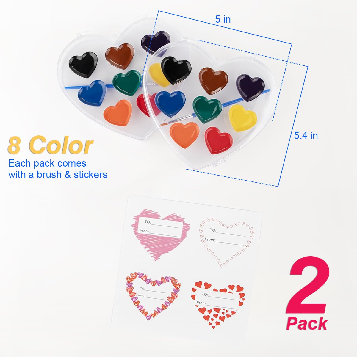 ARTLYMERS Valentines Day Kids Watercolor Set – 2-Pack Heart Paints with Brush