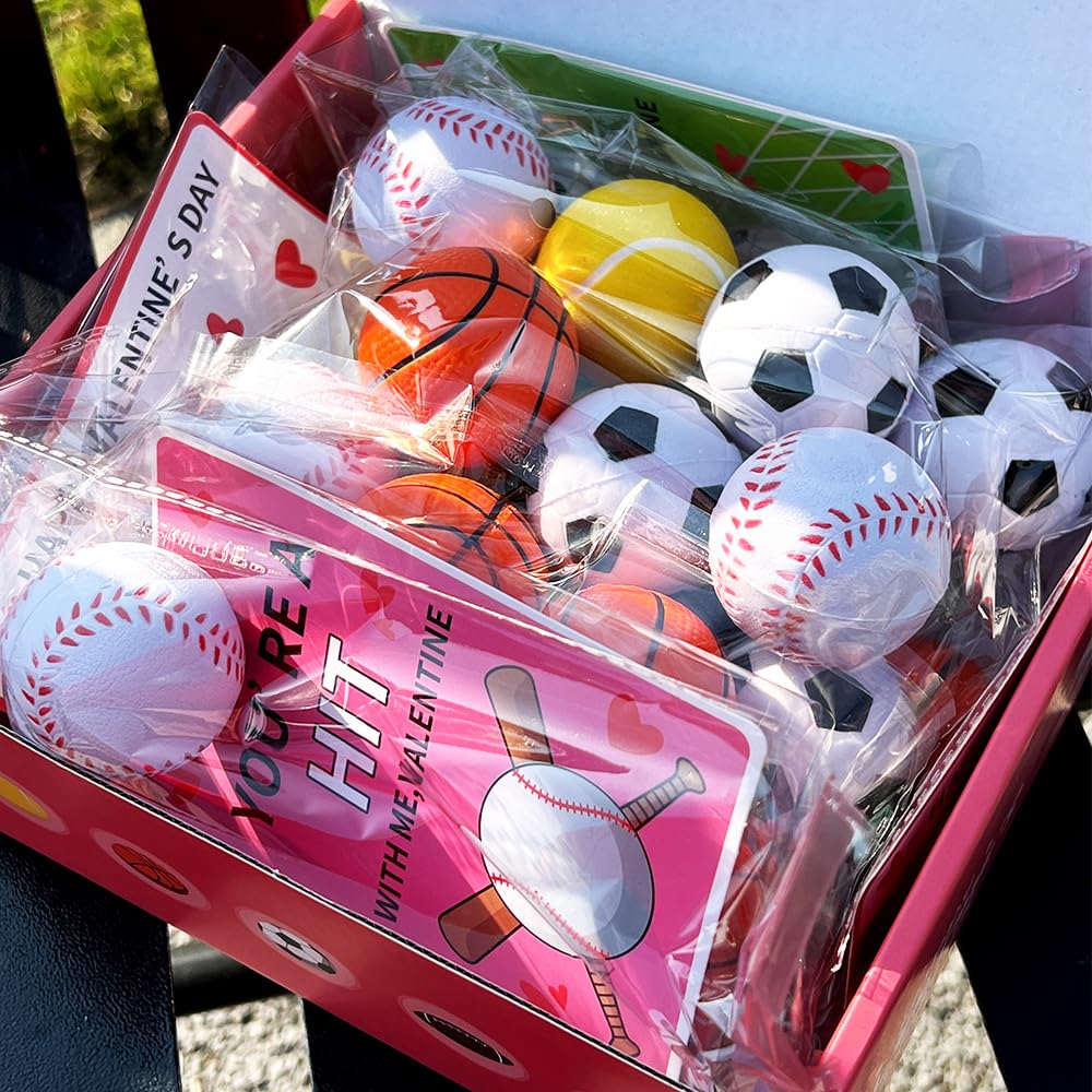 Artnedu Valentines Day Gifts for Kids – 28 Pack with Cards and Sports Ball Toys for Classroom Exchanges
