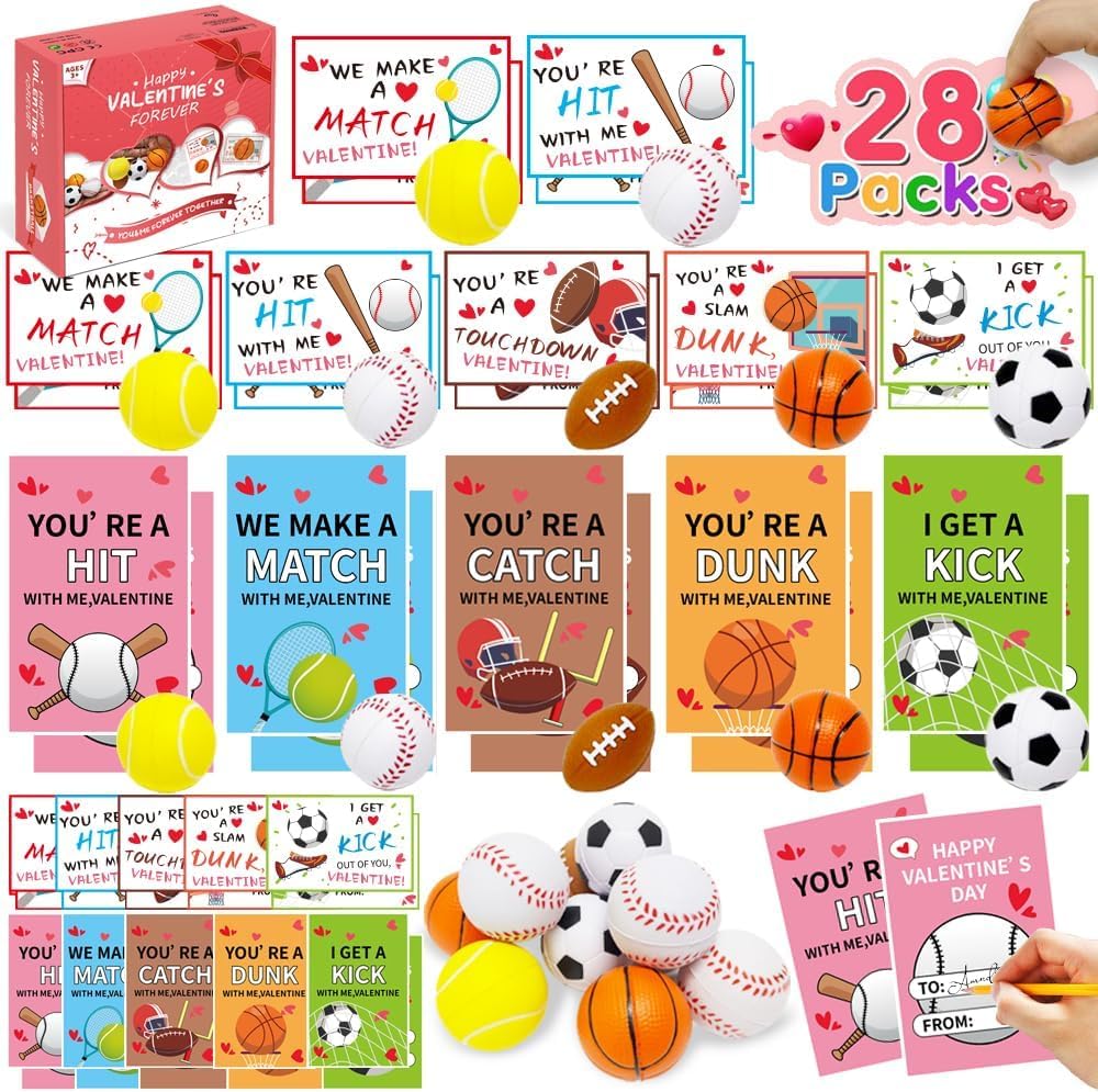 Artnedu Valentines Day Gifts for Kids – 28 Pack with Cards and Sports Ball Toys for Classroom Exchanges