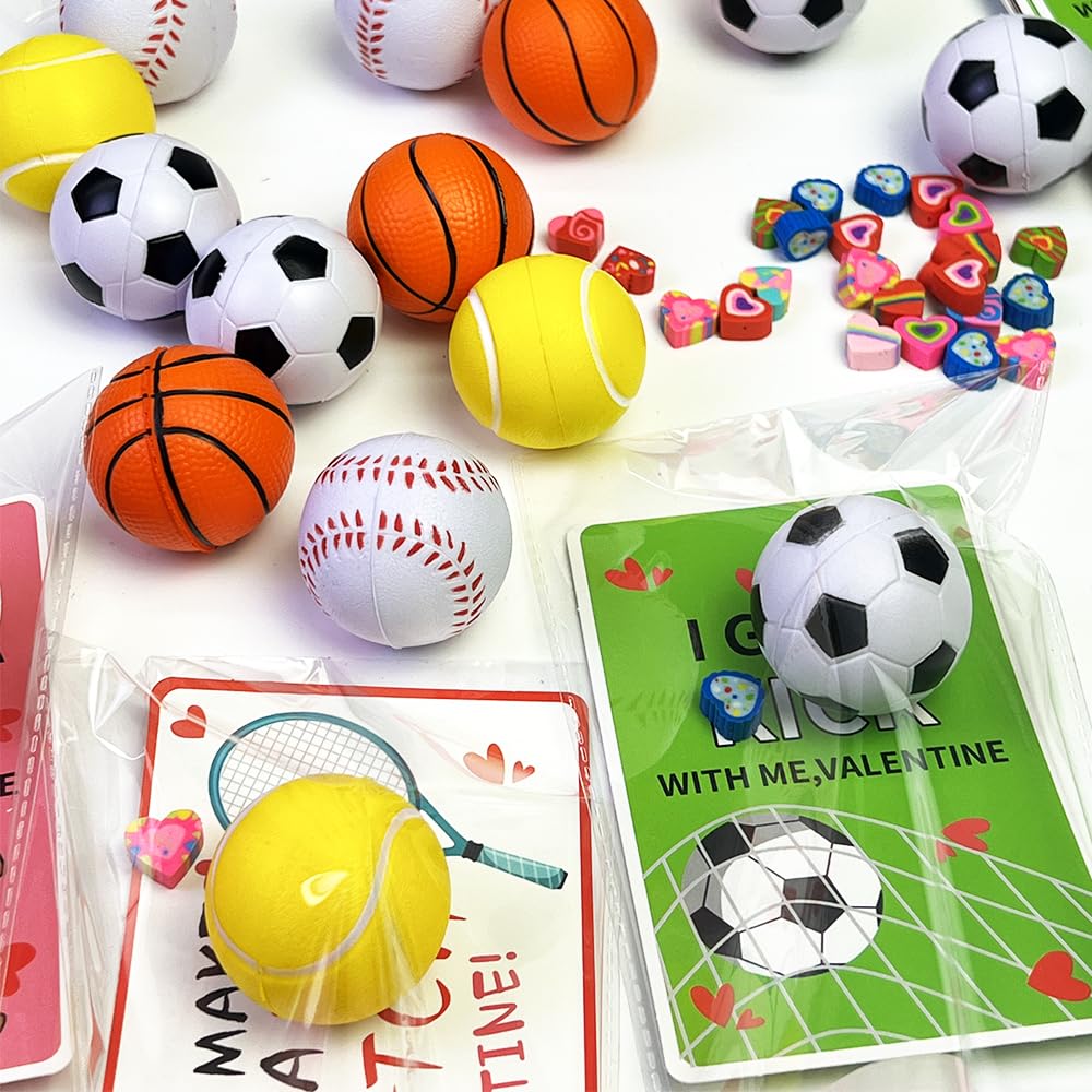 Artnedu Valentines Day Gifts for Kids – 28 Pack with Cards and Sports Ball Toys for Classroom Exchanges