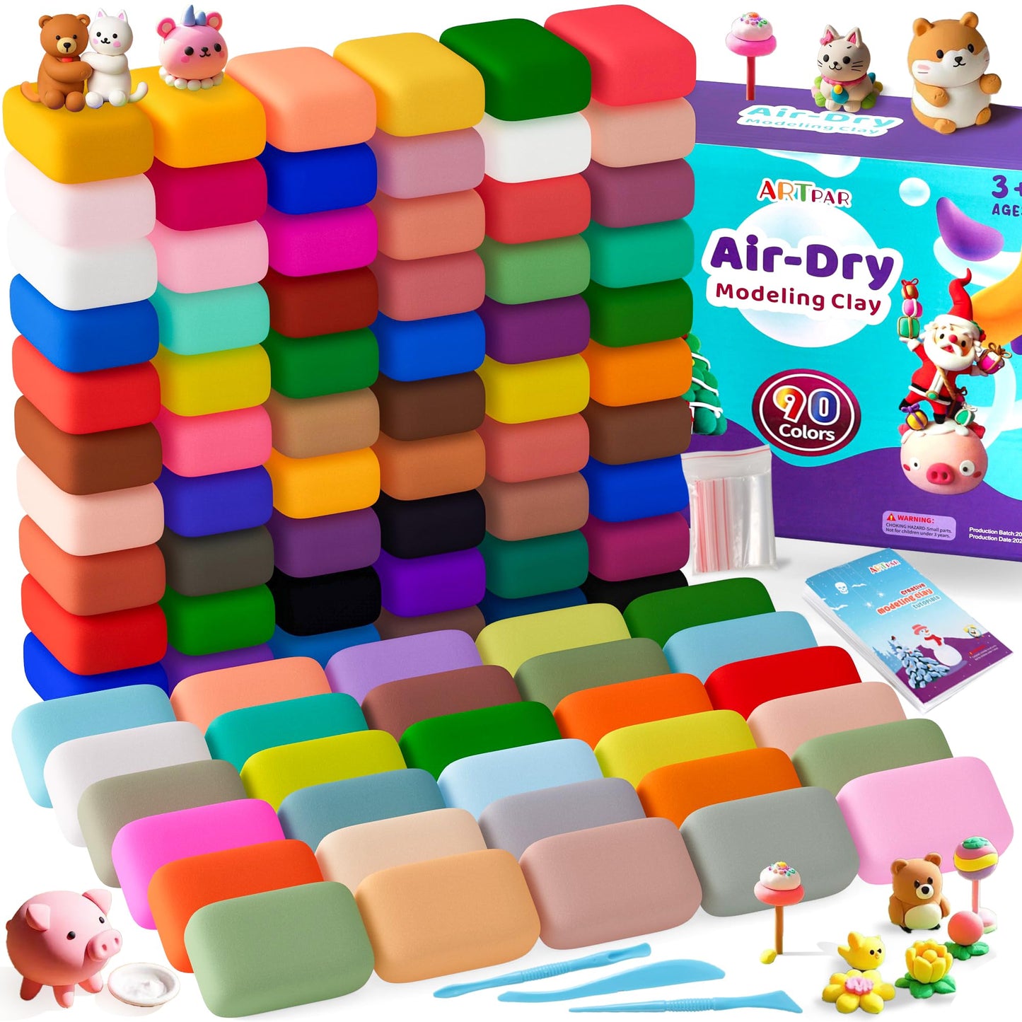 ARTPAR 90-Color Air Dry Clay Kit for Kids – Soft, Non-Sticky Modeling Clay with Tools
