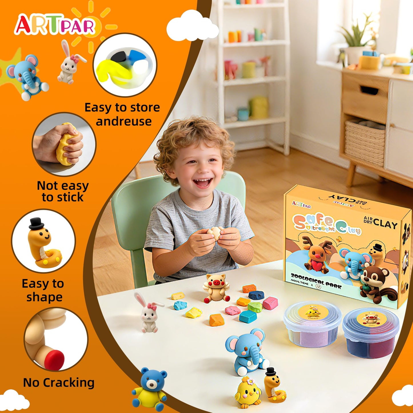 ARTPAR Air Dry Clay Kit for Kids — 12 Animal Models, Non-Stick DIY Art with Tools & Tutorials