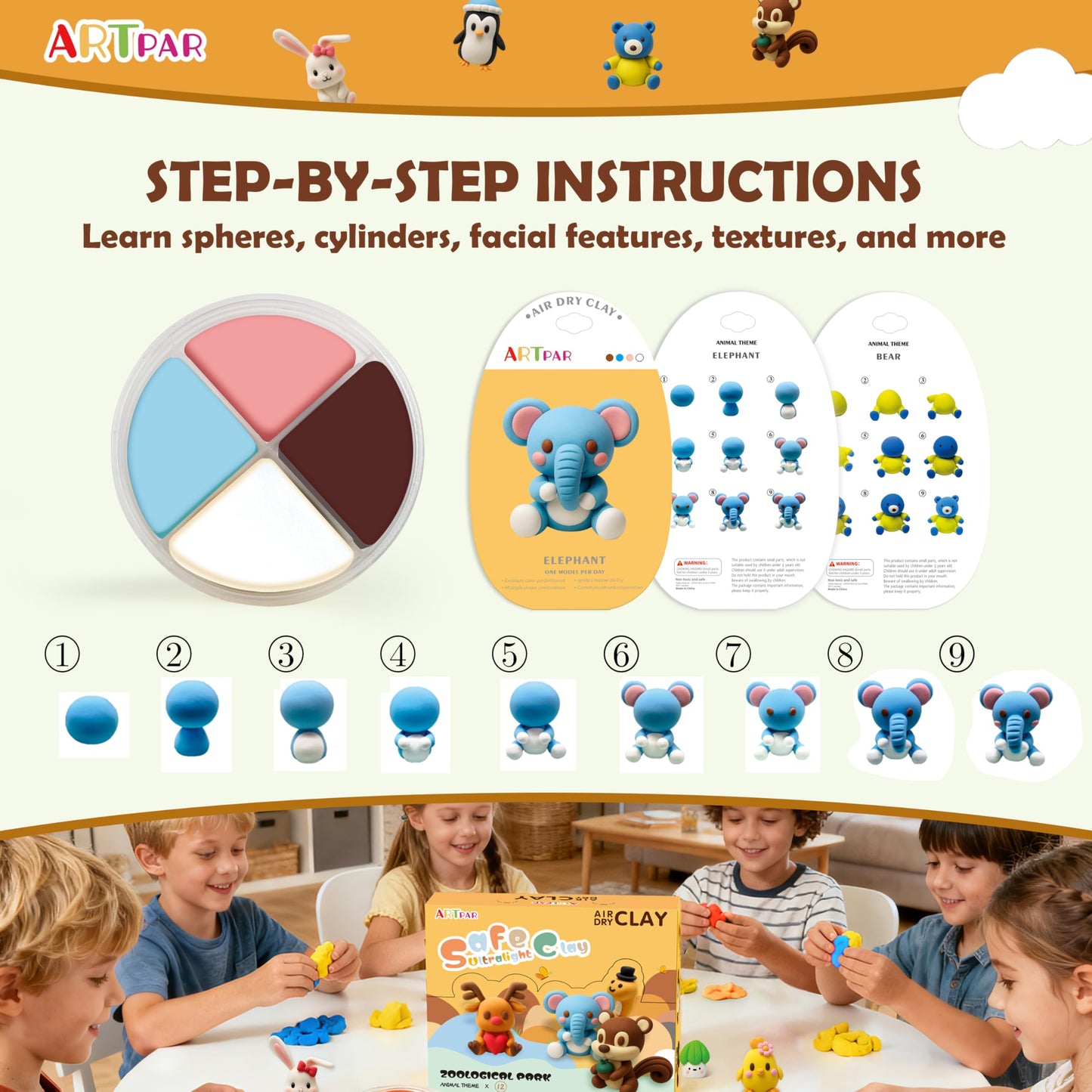 ARTPAR Air Dry Clay Kit for Kids — 12 Animal Models, Non-Stick DIY Art with Tools & Tutorials