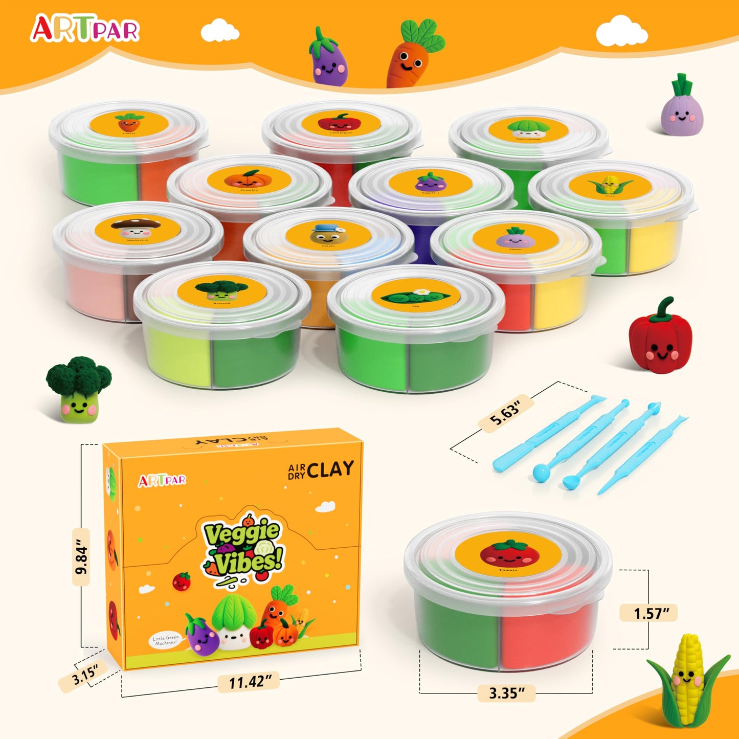 ARTPAR Air Dry Clay Kit for Kids – 12 Vegetable Creations, Non-Sticky Formula, Tools & Tutorials