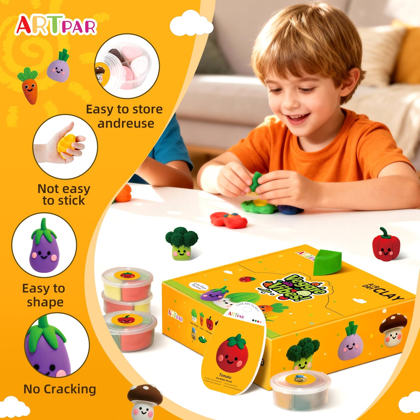ARTPAR Air Dry Clay Kit for Kids – 12 Vegetable Creations, Non-Sticky Formula, Tools & Tutorials
