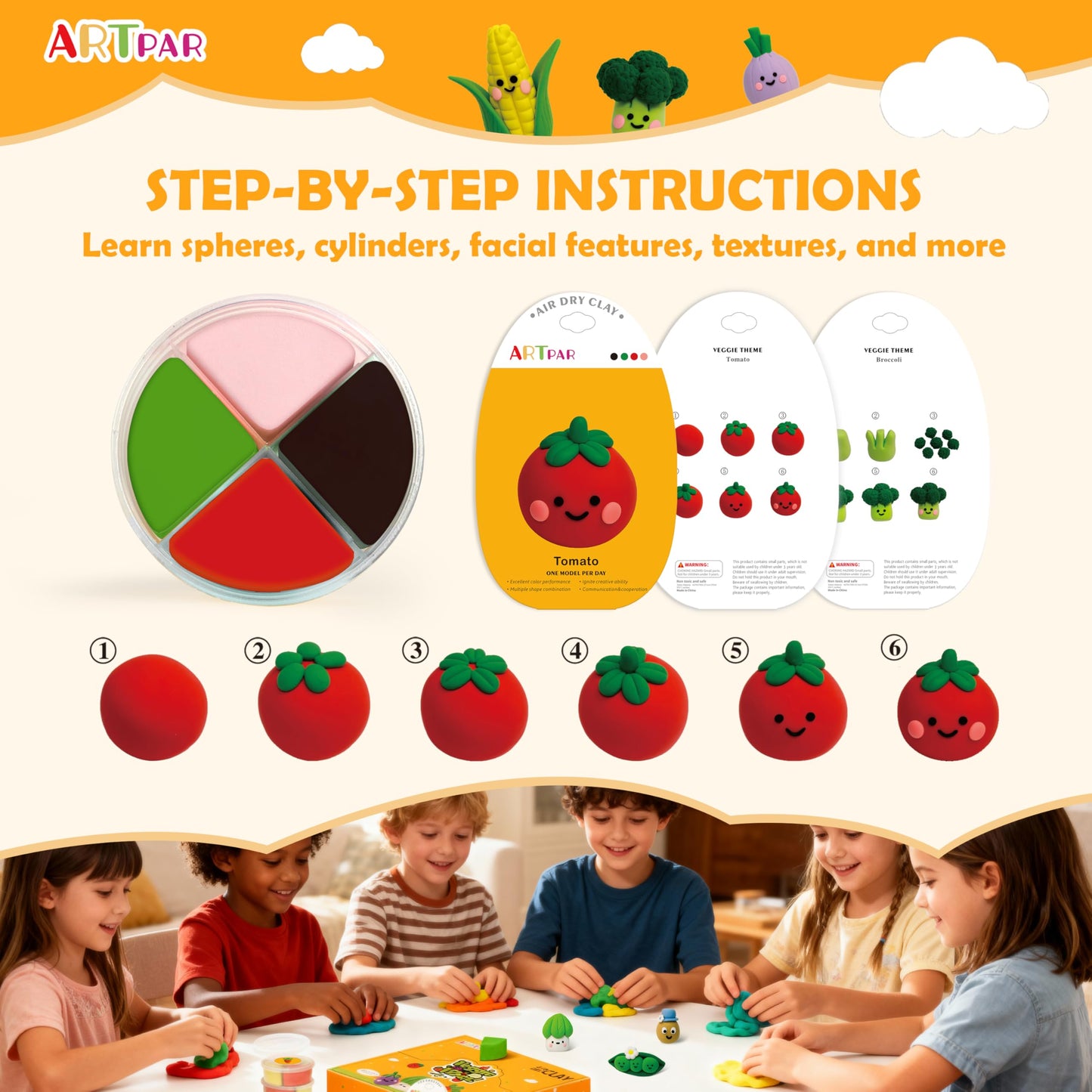 ARTPAR Air Dry Clay Kit for Kids – 12 Vegetable Creations, Non-Sticky Formula, Tools & Tutorials