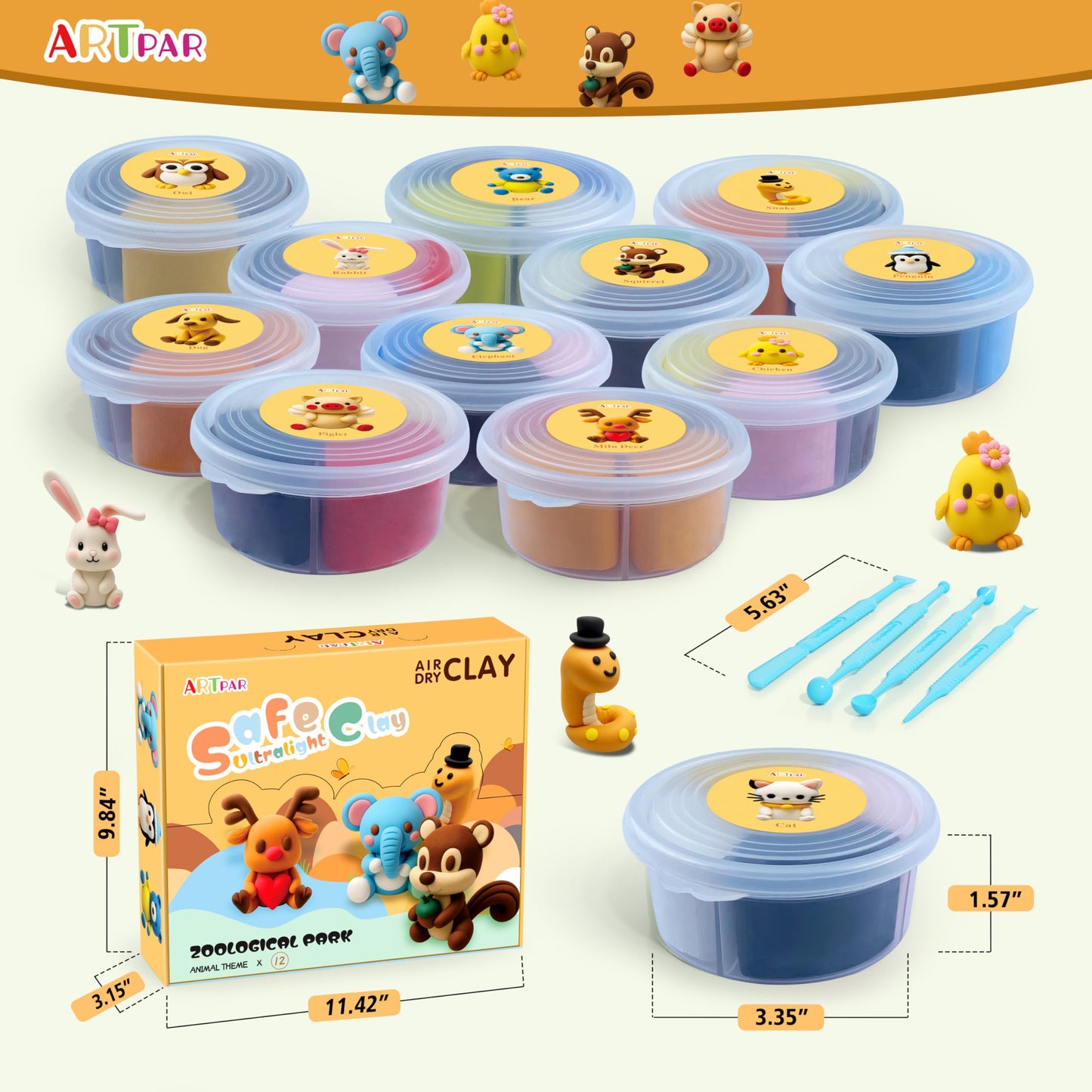 ARTPAR Air Dry Clay Kit for Kids — 12 Animal Models, Non-Stick DIY Art with Tools & Tutorials