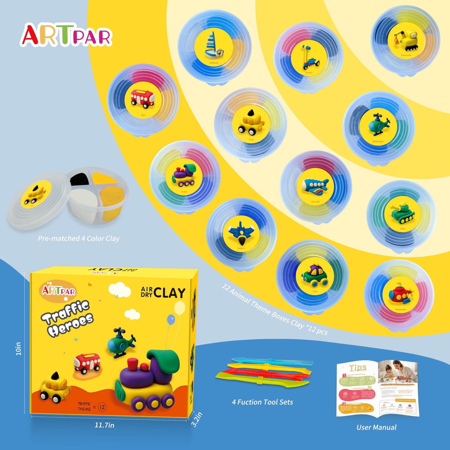 ARTPAR Kids Air Dry Clay Traffic Set – 12 Colors, 4 Tools