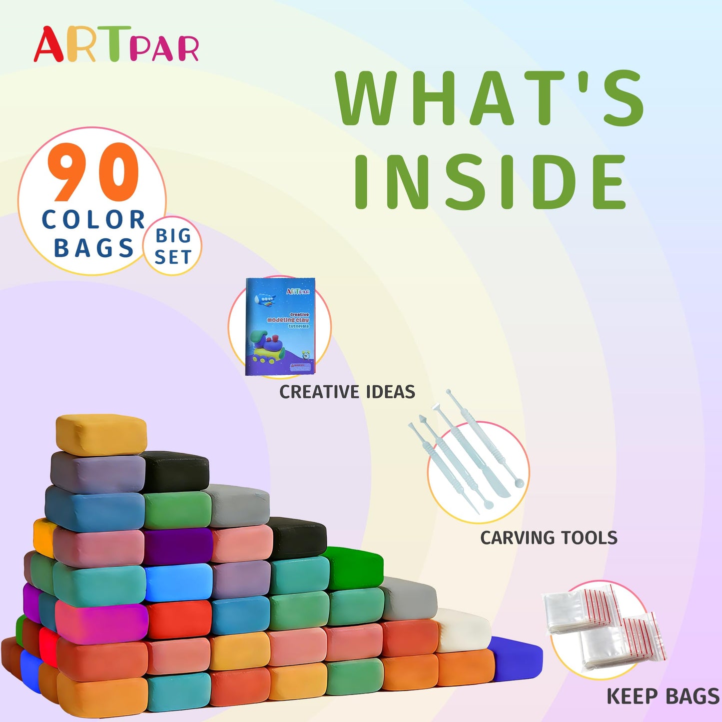 ARTPAR 90-Color Air Dry Clay Kit for Kids – Soft, Non-Sticky Modeling Clay with Tools