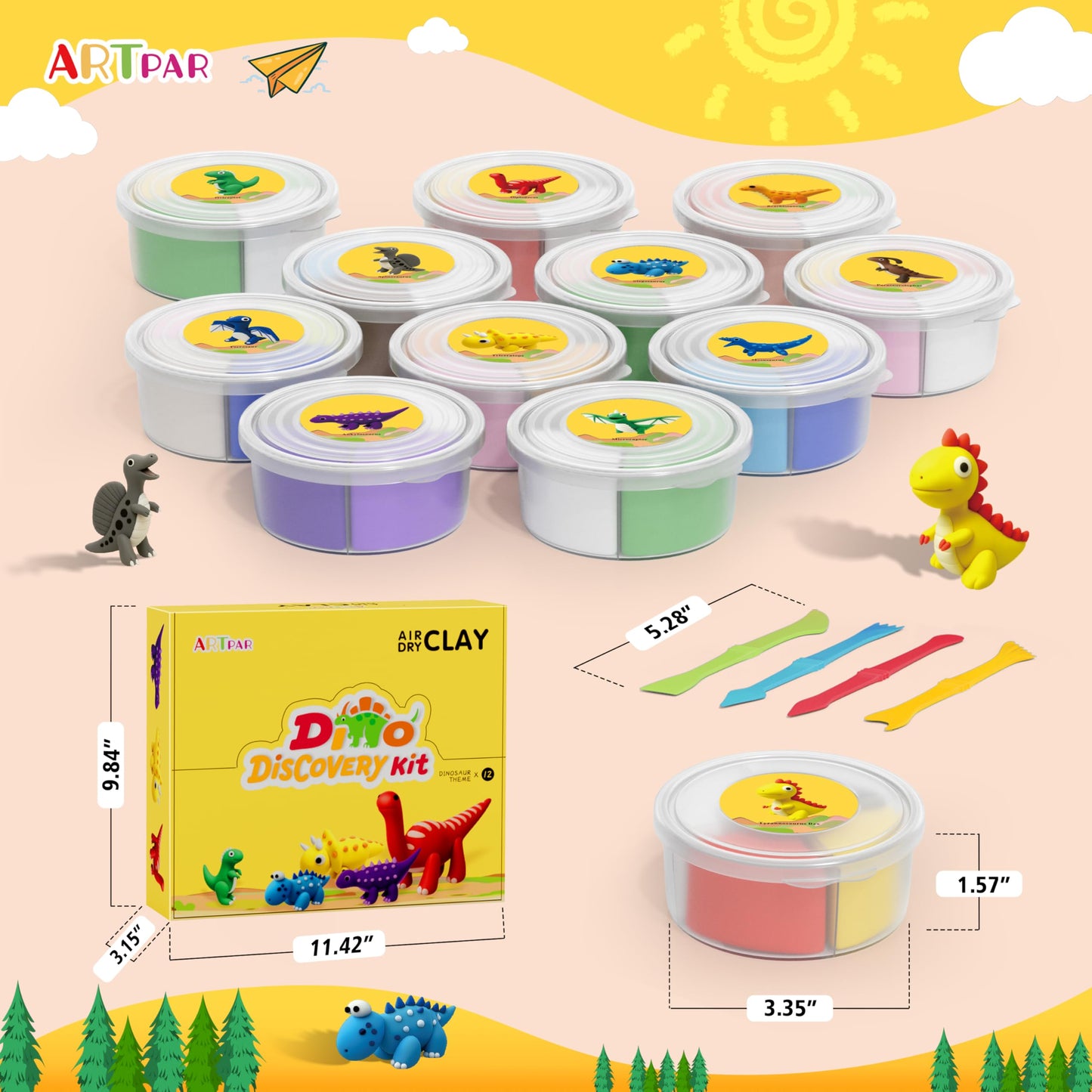 ARTPAR Dinosaur Air Dry Clay Kit – 12-Can Dino Craft Set with Tools & Tutorials