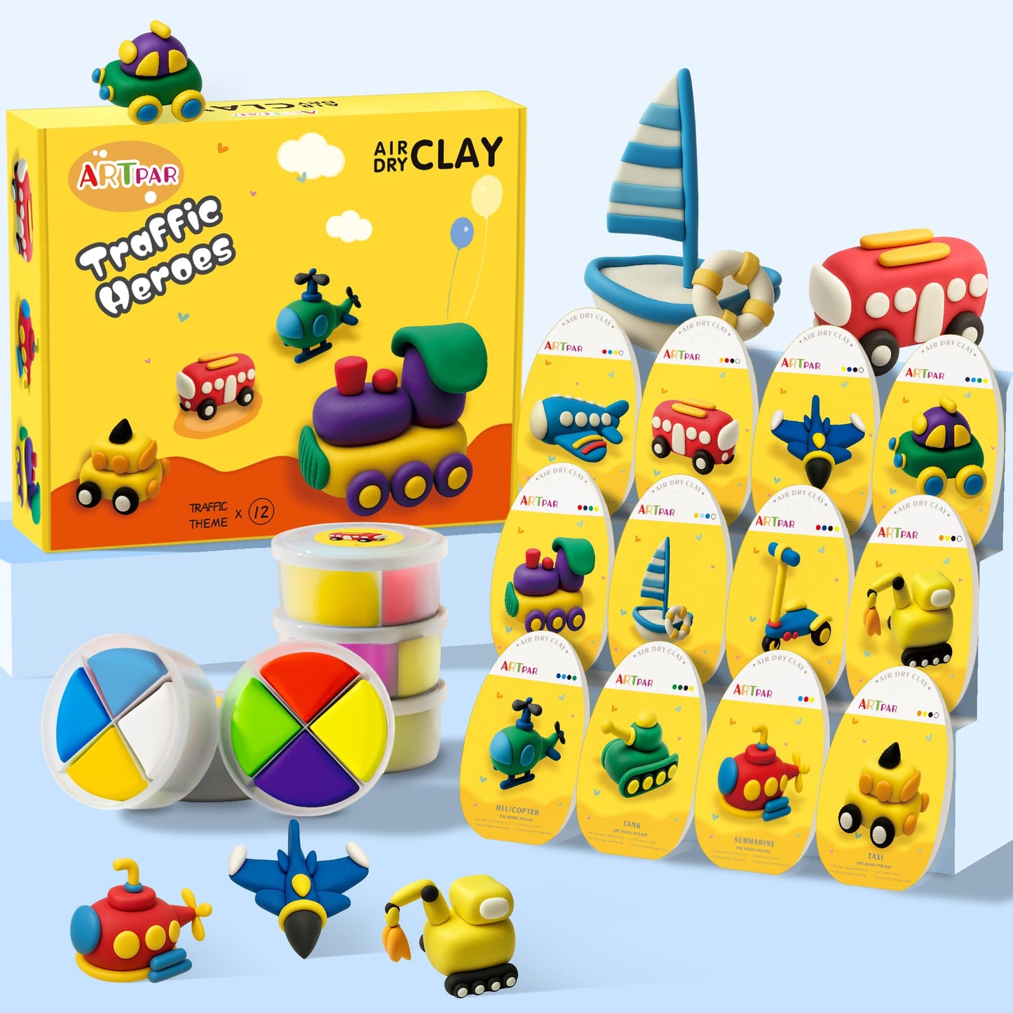 ARTPAR Kids Air Dry Clay Traffic Set – 12 Colors, 4 Tools
