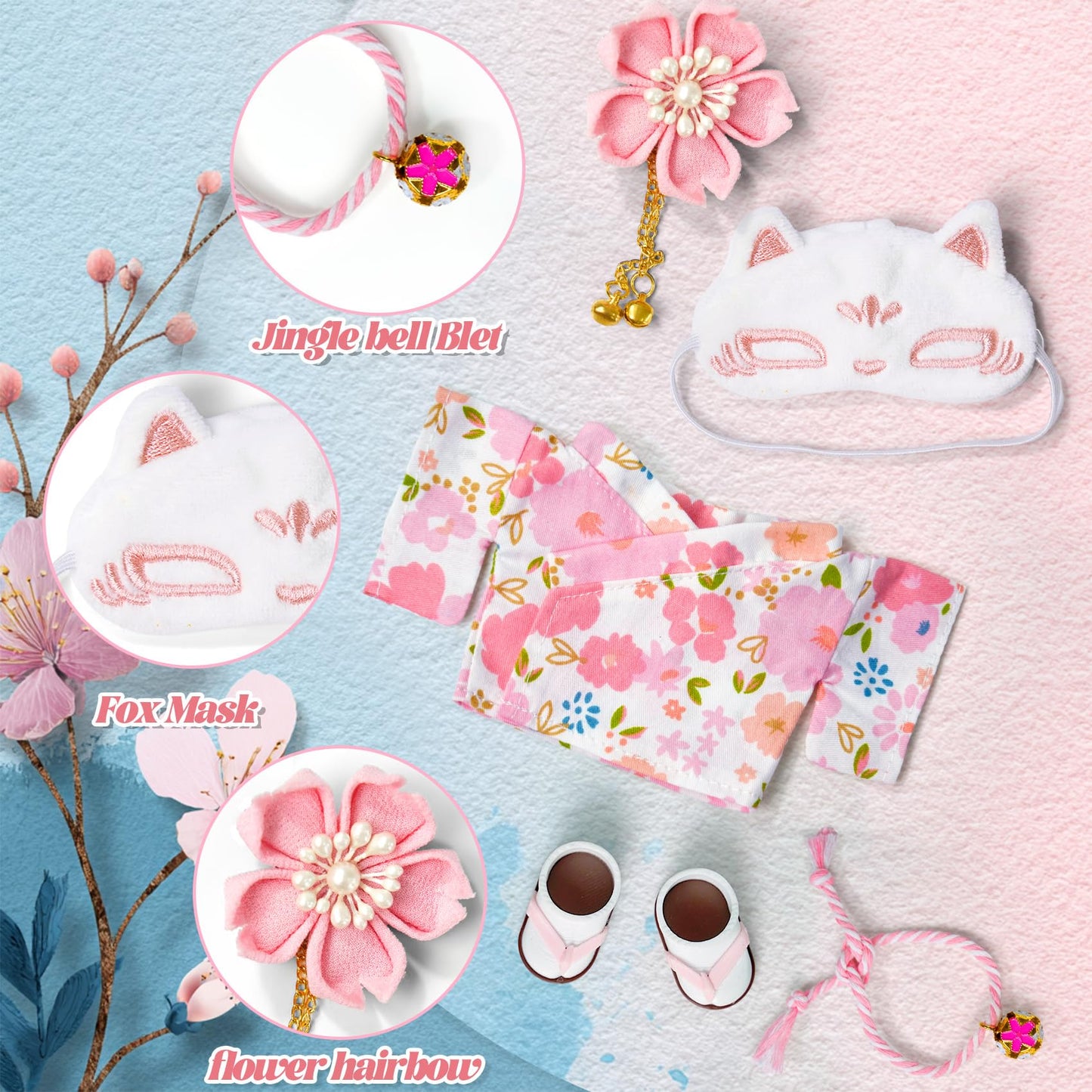ARTST 17cm Doll Kimono Set for 6.7-inch Dolls – Flower Hairbow, Pink Kimono & Accessories