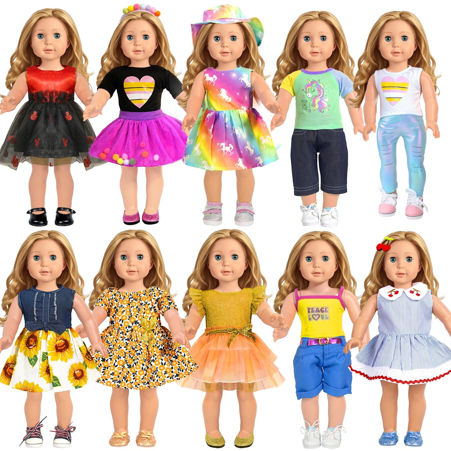 ARTST American 18-Inch Doll Clothes Set – 10 Outfits & Accessories for 18-Inch Dolls