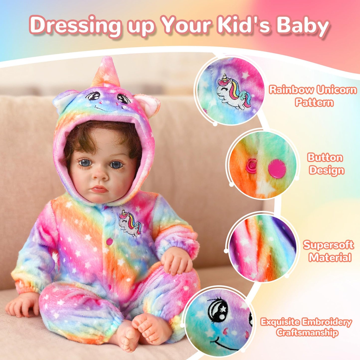 ARTST Reborn Baby Doll Accessories with Bassinet and Rainbow Unicorn Outfit for 17-22 Inch Dolls