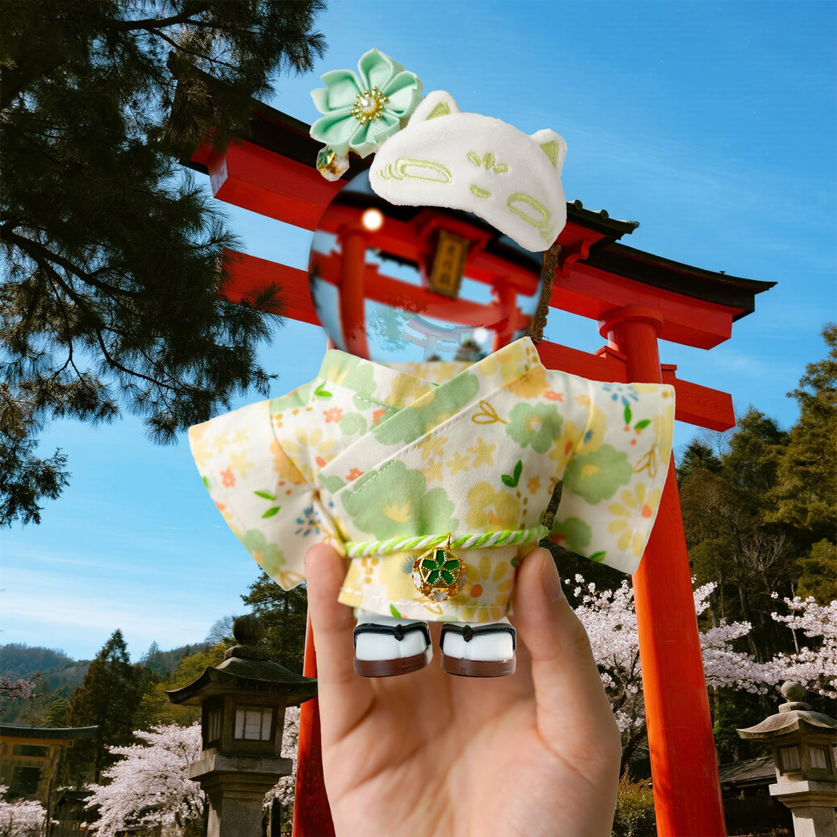 ARTST Kimono Set for 17cm Dolls – Flower Hairbow, Green Outfit, Mask, and Clogs