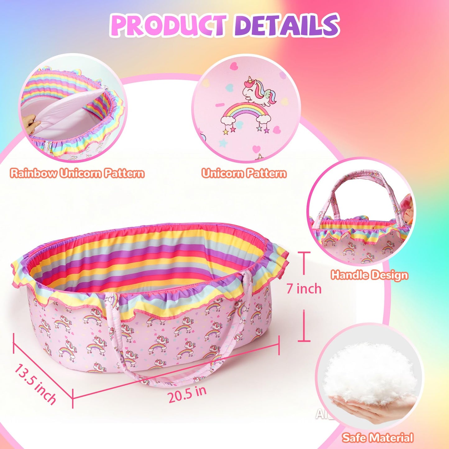 ARTST Reborn Baby Doll Accessories with Bassinet and Rainbow Unicorn Outfit for 17-22 Inch Dolls