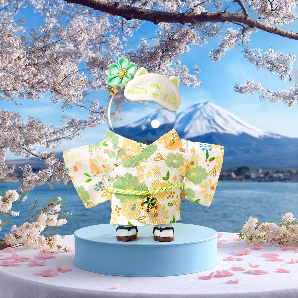 ARTST Kimono Set for 17cm Dolls – Flower Hairbow, Green Outfit, Mask, and Clogs