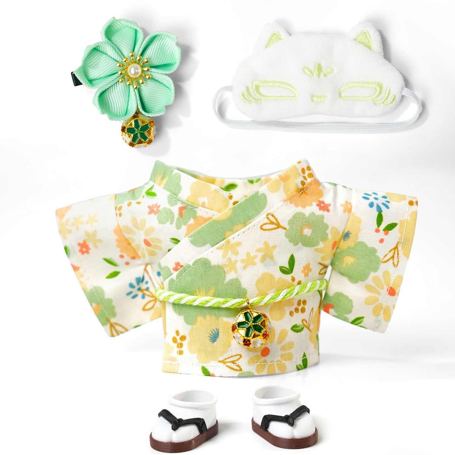 ARTST Kimono Set for 17cm Dolls – Flower Hairbow, Green Outfit, Mask, and Clogs