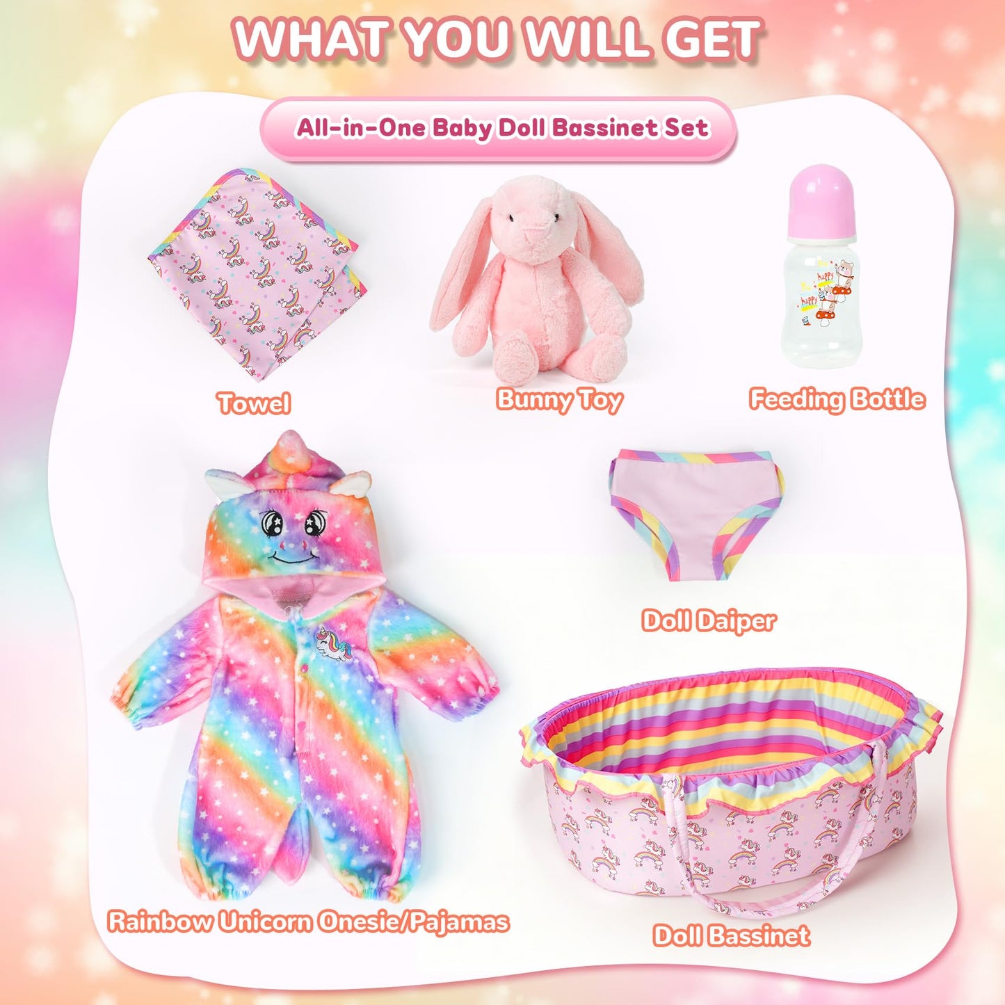 ARTST Reborn Baby Doll Accessories with Bassinet and Rainbow Unicorn Outfit for 17-22 Inch Dolls
