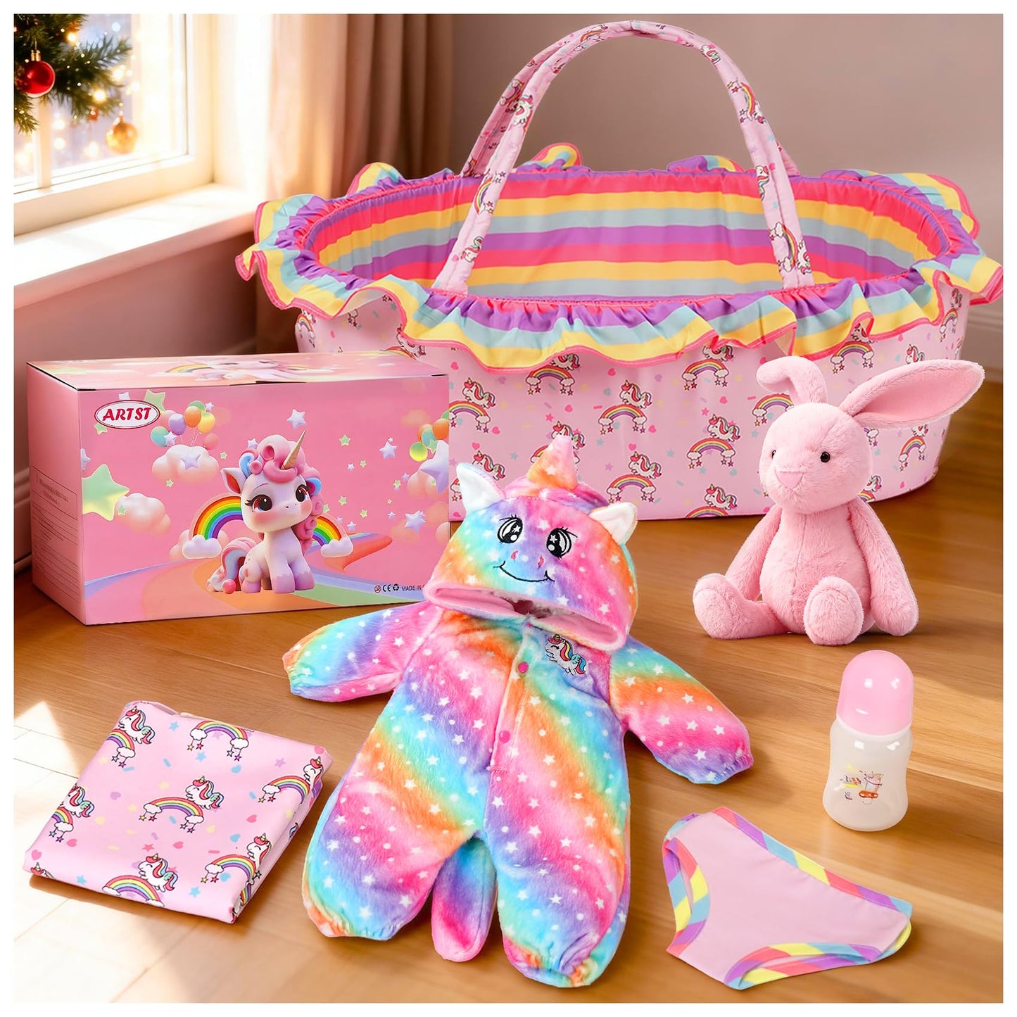ARTST Reborn Baby Doll Accessories with Bassinet and Rainbow Unicorn Outfit for 17-22 Inch Dolls