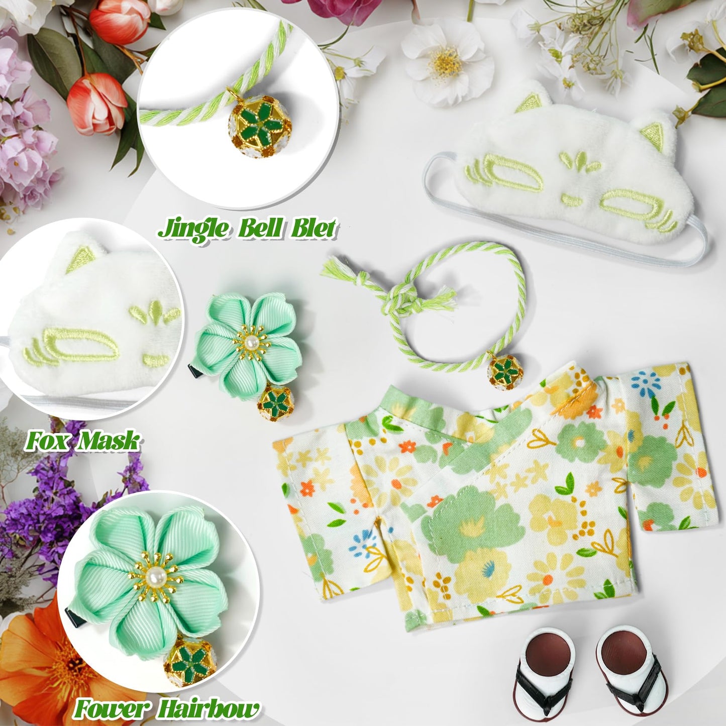 ARTST Kimono Set for 17cm Dolls – Flower Hairbow, Green Outfit, Mask, and Clogs