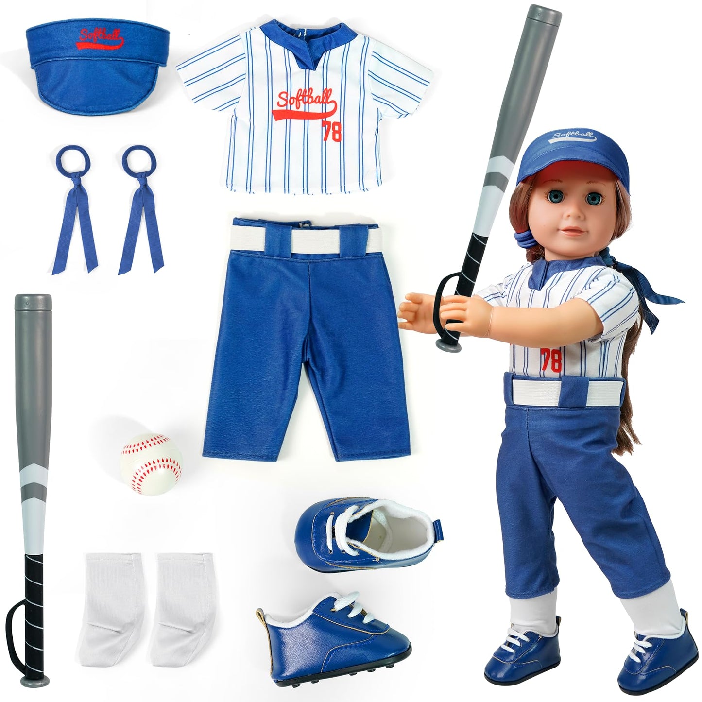 ARTST Softball Uniform Doll Outfit for 18-Inch Dolls | Hat, Bat, Shoes & Socks