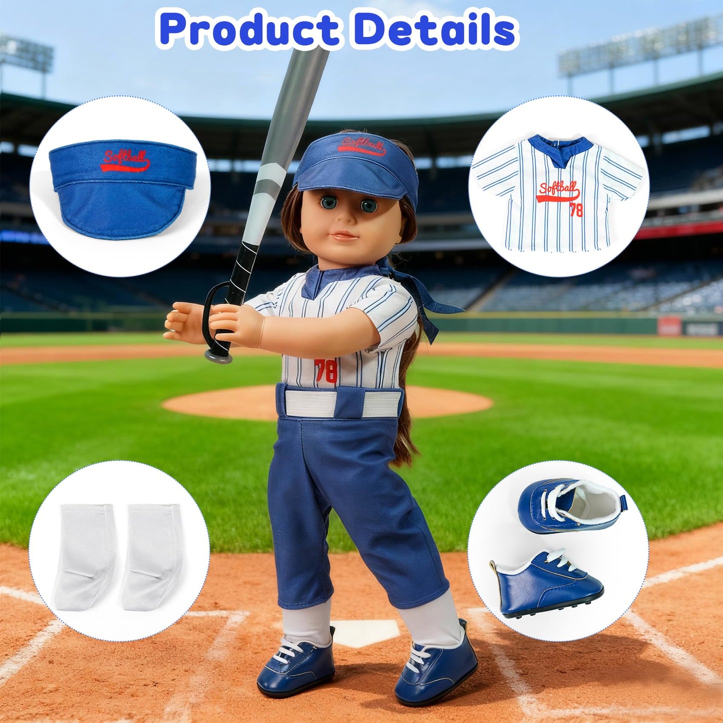 ARTST Softball Uniform Doll Outfit for 18-Inch Dolls | Hat, Bat, Shoes & Socks