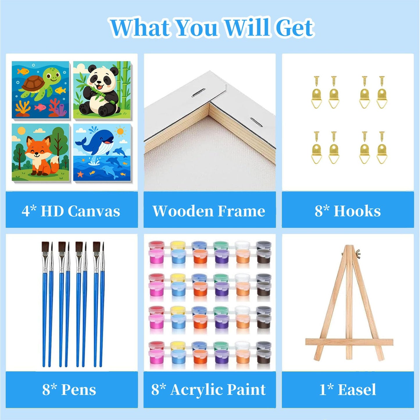 Arttoplus 4 Pack Paint by Numbers Kit for Kids with Frame – Cute Animals, Ages 4-6-8, Wooden Easel, 8x8 inch