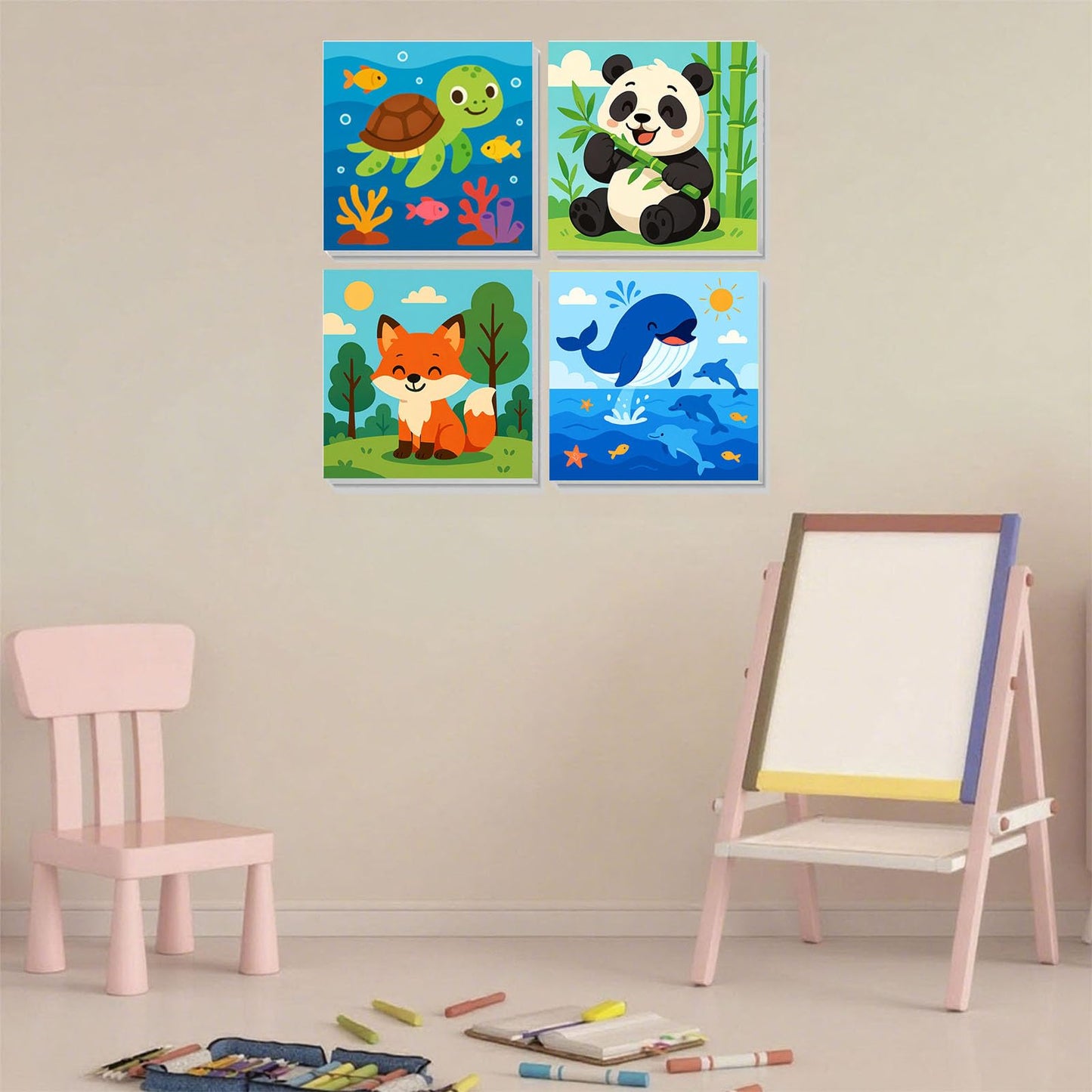 Arttoplus 4 Pack Paint by Numbers Kit for Kids with Frame – Cute Animals, Ages 4-6-8, Wooden Easel, 8x8 inch